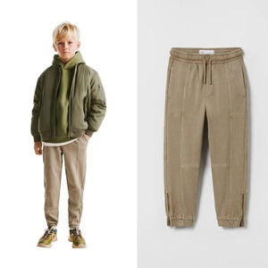 Zara Ankle Zip Jogger Pants Beige Drawstring Cotton French Terry Kids Boys 11-12